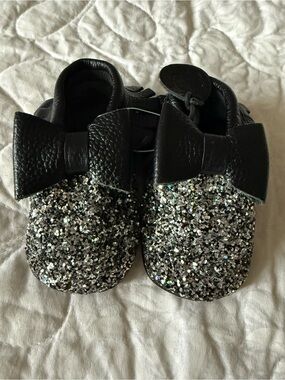 Handmade Black Leather with Glitter Bow Moccasin Booties